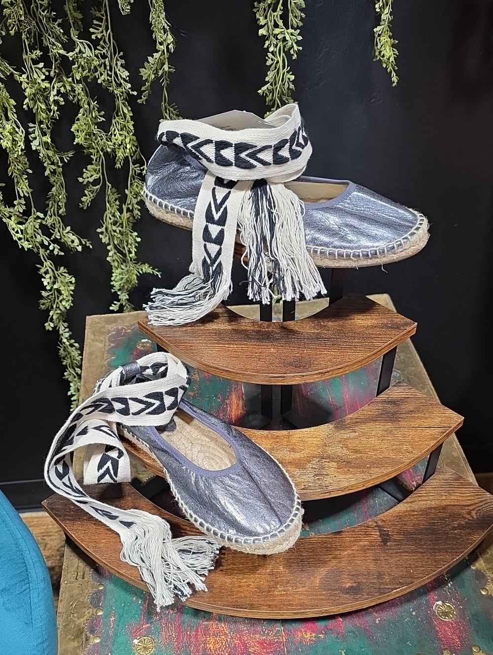 Free People Metallic Silver Espadrille Flats with Braided Ankle Wraps